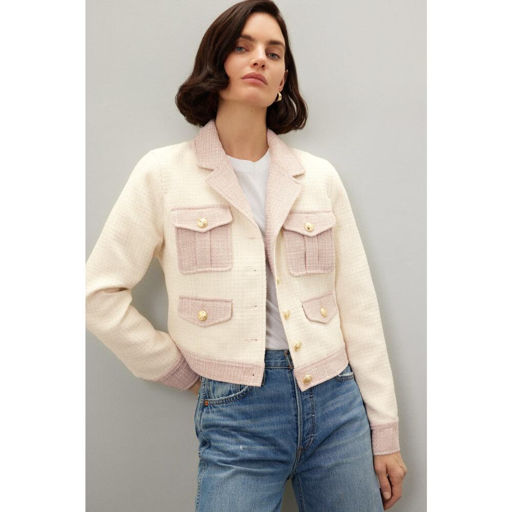 Derek Lam Colorblock Tweed Jacket Ivory Pink Button‎ Front Sz 36 IT / 0 US